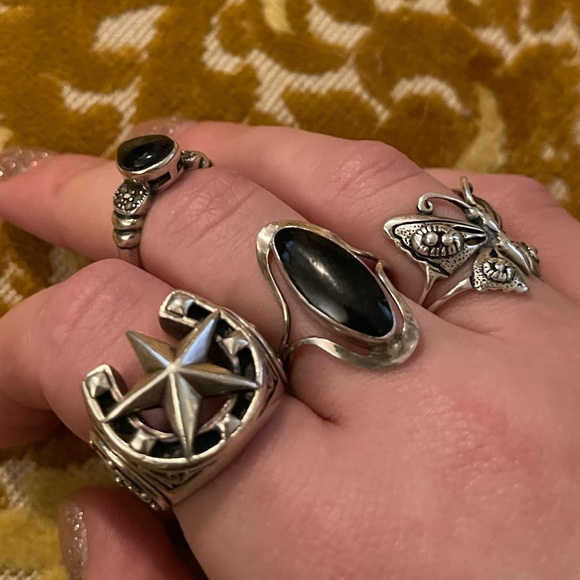 2 x real silver w/ obsidian stone rings - Picture 5 of 5